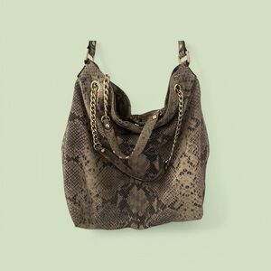 Michael Kors Brown Snake-Print Shoulder Bag with Gold Chain Accents